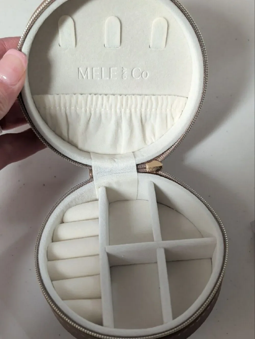 Round Taupe Travel Jewelry Case with Gold Zipper